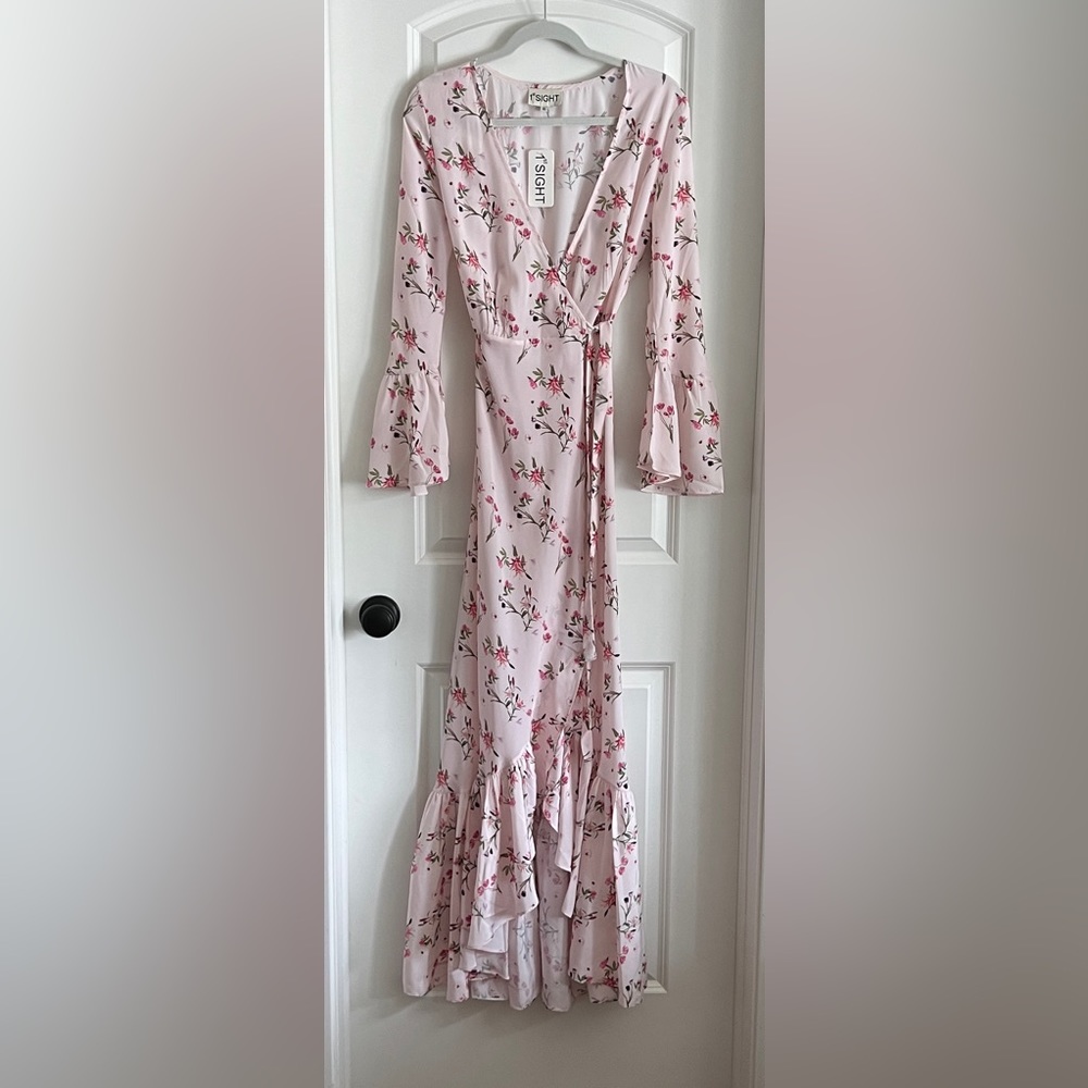 1st Sight wrap maxi dress XS NWT light pink with floral pattern.